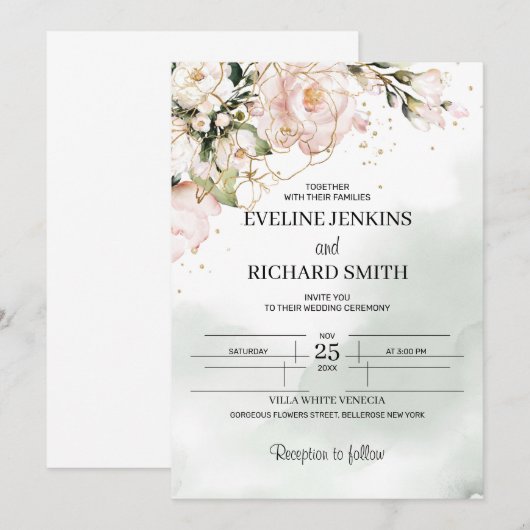 Blush Roze Bloemen Greenery Boho Huwelijksuitnodig Kaart (Voorkant / Achterkant)