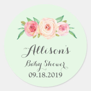 Blush Roze Bloemen Groen Baby shower Label