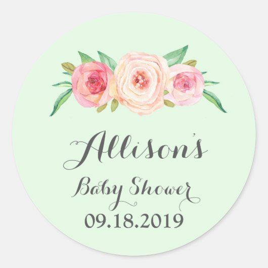 Blush Roze Bloemen Groen Baby shower Label (Voorkant)