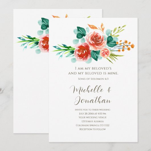 Blush Roze Bloemen Groen Bijbel Verse Bruiloft Kaart (Voorkant / Achterkant)