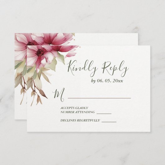 Blush roze bloemen groen bloemenbruiloft RSVP kaartje (Voorkant / Achterkant)