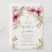 Blush Roze Bloemen Groen Christelijk Cross Bruilof Kaart (Voorkant)