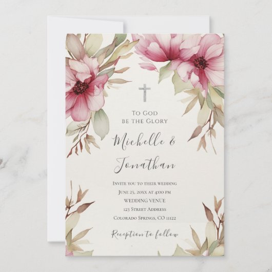 Blush Roze Bloemen Groen Christelijk Cross Bruilof Kaart (Voorkant)