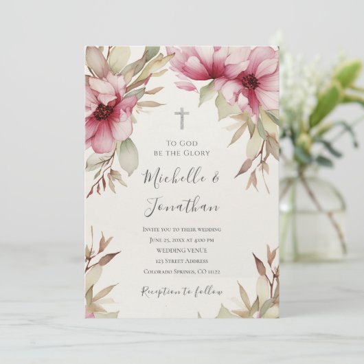 Blush Roze Bloemen Groen Christelijk Cross Bruilof Kaart (Staand voorkant)