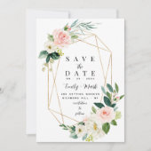 Blush Roze Bloemen, Groen & Goud Save The Date (Voorkant)