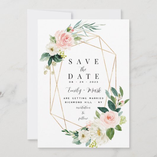Blush Roze Bloemen, Groen & Goud Save The Date (Voorkant)