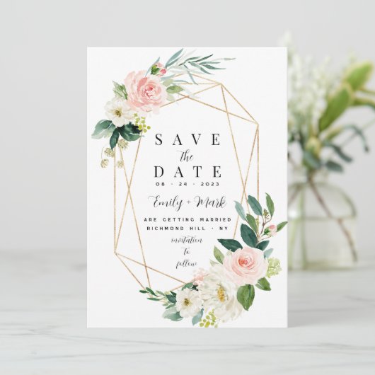 Blush Roze Bloemen, Groen & Goud Save The Date (Staand voorkant)