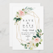 Blush Roze Bloemen, Groen & Goud Save The Date (Voorkant / Achterkant)