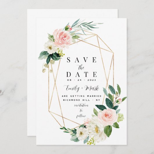 Blush Roze Bloemen, Groen & Goud Save The Date (Voorkant / Achterkant)