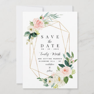 Blush Roze Bloemen, Groen & Goud Save The Date