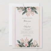 Blush Roze Bloemen & Groen Minimalistische bruilof Kaart (Voorkant)