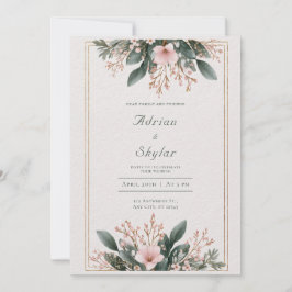 Blush Roze Bloemen & Groen Minimalistische bruilof Kaart