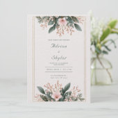 Blush Roze Bloemen & Groen Minimalistische bruilof Kaart (Staand voorkant)