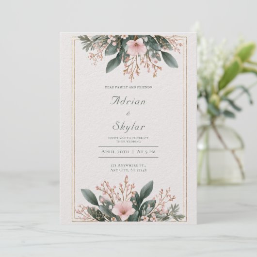 Blush Roze Bloemen & Groen Minimalistische bruilof Kaart (Staand voorkant)
