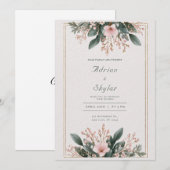 Blush Roze Bloemen & Groen Minimalistische bruilof Kaart (Voorkant / Achterkant)