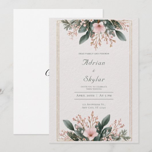 Blush Roze Bloemen & Groen Minimalistische bruilof Kaart (Voorkant / Achterkant)
