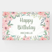 Blush roze bloemen Groene bladeren Happy Birthday Spandoek (Horizontaal)