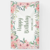Blush roze bloemen Groene bladeren Happy Birthday Spandoek (Verticaal)