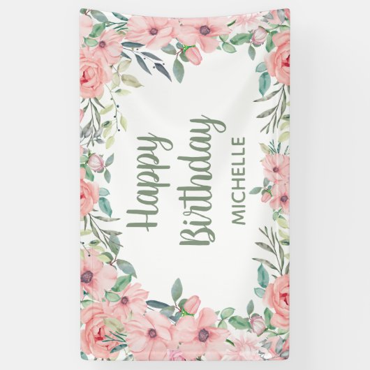 Blush roze bloemen Groene bladeren Happy Birthday Spandoek (Verticaal)