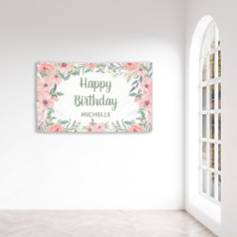 Blush roze bloemen Groene bladeren Happy Birthday Spandoek