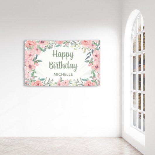 Blush roze bloemen Groene bladeren Happy Birthday Spandoek