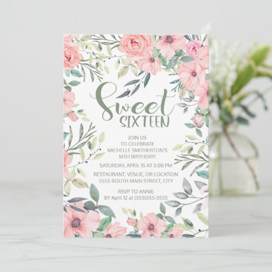 Blush roze bloemen Groene bladeren Sweet 16 (Staand voorkant)