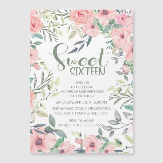 Blush roze bloemen Groene bladeren Sweet 16 (Voorkant)