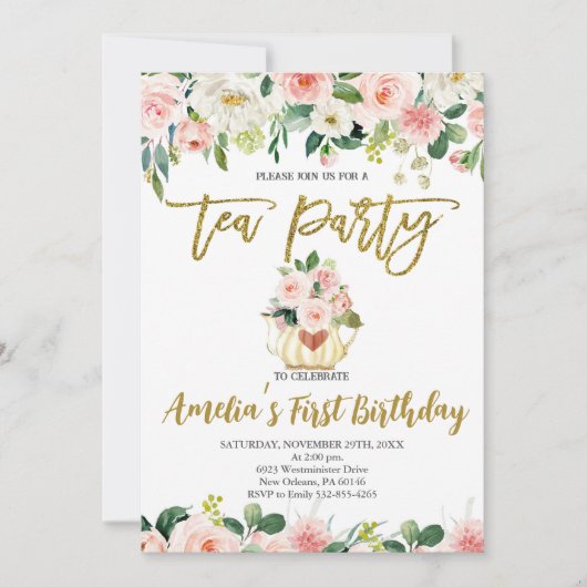 Blush Roze Bloemen, High Tea Eerste Verjaardag Kaart (Voorkant)