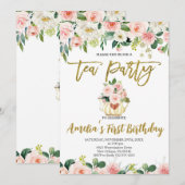 Blush Roze Bloemen, High Tea Eerste Verjaardag Kaart (Voorkant / Achterkant)