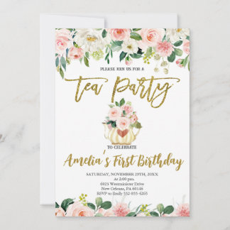Blush Roze Bloemen, High Tea Eerste Verjaardag Kaart