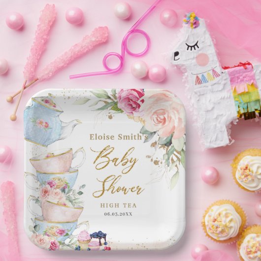 Blush Roze Bloemen High Tea Party Baby shower Papieren Bordje (Feest)