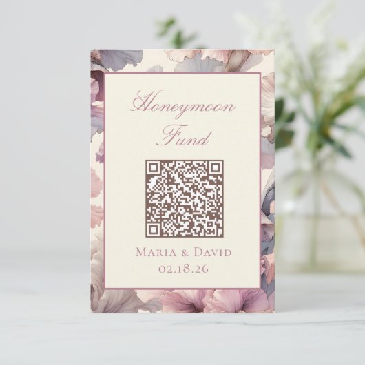 Blush Roze Bloemen Honeymoon Fund QR Code Kaarten (Staand voorkant)