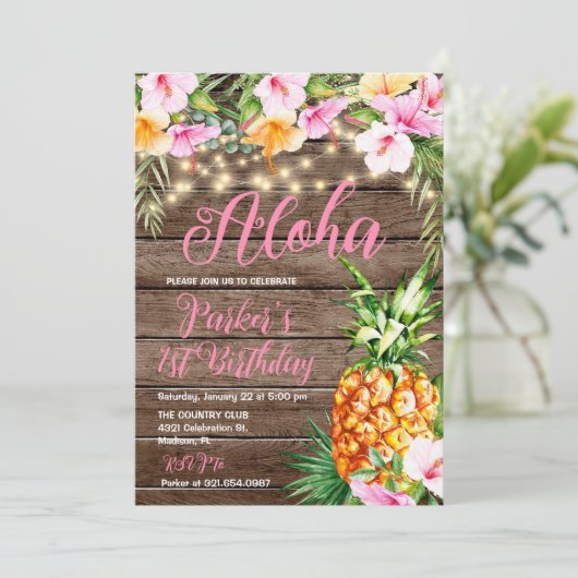 Blush Roze Bloemen Hout Aloha Ananas Verjaardag Kaart (Staand voorkant)