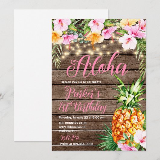 Blush Roze Bloemen Hout Aloha Ananas Verjaardag Kaart (Voorkant / Achterkant)