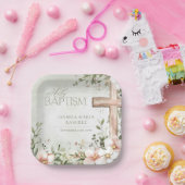 Blush roze bloemen houten kruis doop groen papieren bordje (Feest)