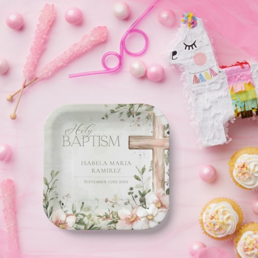 Blush roze bloemen houten kruis doop groen papieren bordje (Feest)