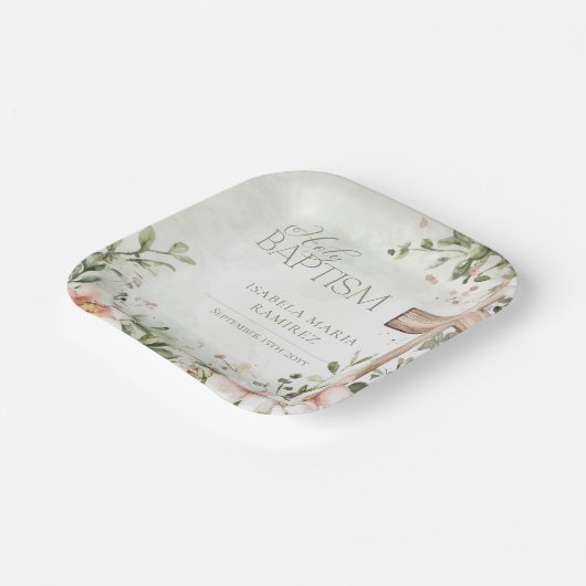 Blush roze bloemen houten kruis doop groen papieren bordje (Gebogen)