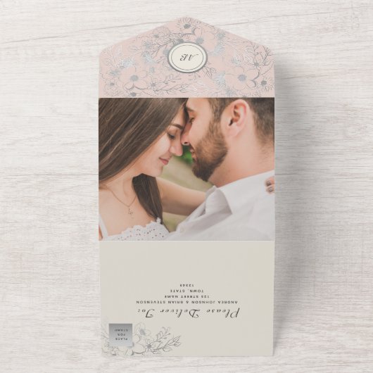  Blush Roze Bloemen Huwelijksuitnodiging All In One Uitnodiging (Buitenkant)