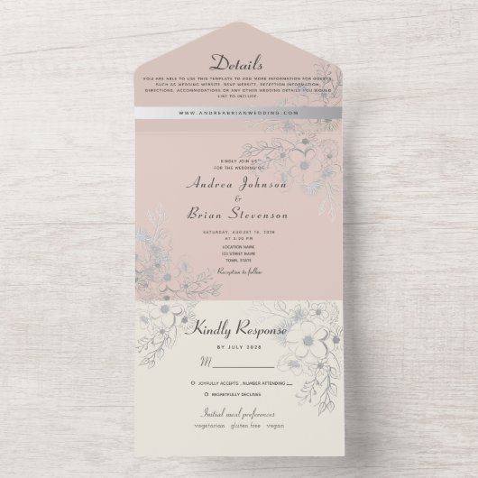  Blush Roze Bloemen Huwelijksuitnodiging All In One Uitnodiging (Binnen)