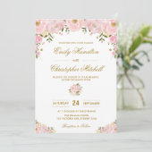 Blush Roze Bloemen Huwelijksuitnodiging Gouden Con Kaart (Staand voorkant)