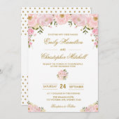 Blush Roze Bloemen Huwelijksuitnodiging Gouden Con Kaart (Voorkant / Achterkant)