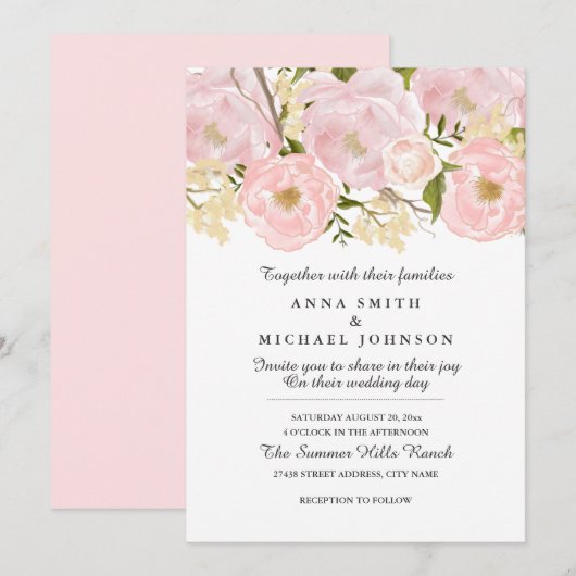  Blush Roze Bloemen Huwelijksuitnodiging Kaart (Voorkant / Achterkant)