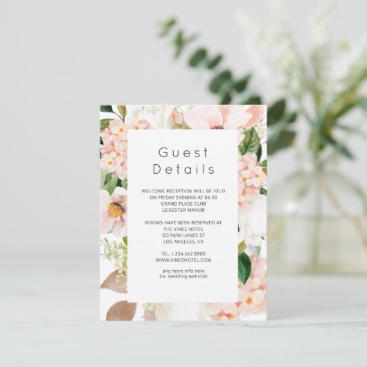 Blush Roze Bloemen Hydrangea Bruiloft Gast Details Informatiekaartje (Staand voorkant)