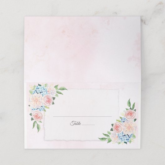 Blush Roze Bloemen Hydrangea Waterverf Bruiloft Plaatskaartje (Buitenkant ongevouwen)