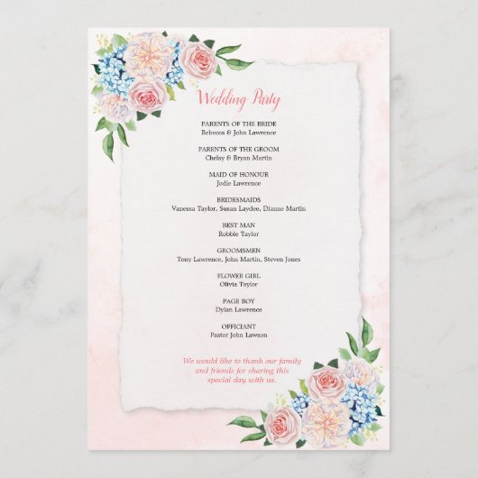 Blush Roze Bloemen Hydrangea Waterverf Bruiloft Programmakaart (Achterkant)
