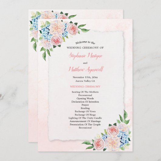 Blush Roze Bloemen Hydrangea Waterverf Bruiloft Programmakaart (Voorkant / Achterkant)