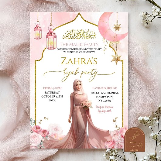 Blush Roze Bloemen Islamitische Meisje Hijab Kaart