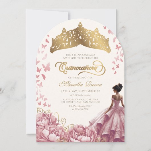 Blush Roze Bloemen Jurk Kroon Quinceanera Kaart (Voorkant)