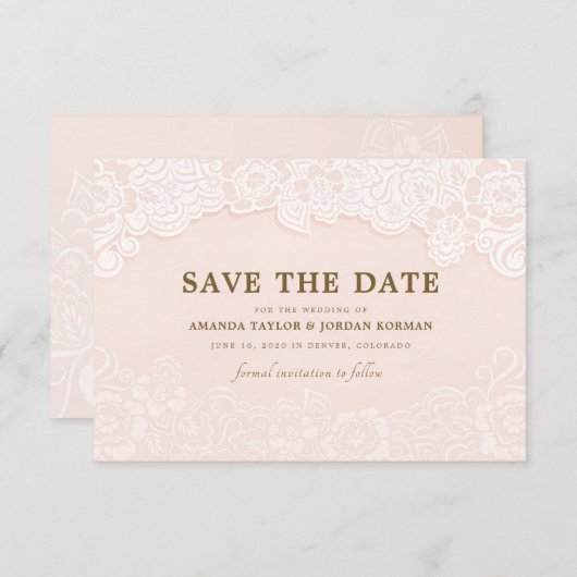 Blush Roze Bloemen Kant Bruiloft Save the Date (Voorkant / Achterkant)