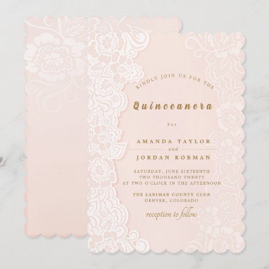 Blush Roze Bloemen Kant Quinceanera Uitnodiging (Voorkant / Achterkant)